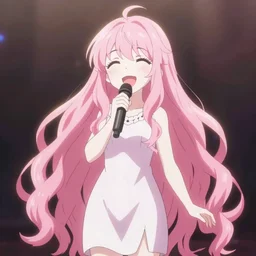 anime style, vivid, full body, a cute girl with white skin and long pink wavy hair singing a song, heavenly, stunning, realistic light and shadow effects, happy, centered, landscape shot, happy, simple background, studio ghibly makoto shinkai yuji yamaguchi