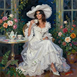 happy very thick paint brush strokes paint texture full body fashion model kendall jenner by Jeremy Lipking by Hasui Kawase by Richard Schmid (((smokey eyes makeup eye shadow fantasy, glow, shimmer as victorian woman in a long white frilly lace dress and a large white hat having tea in a sunroom filled with flowers, roses and lush fern flowers ,intricate, night, highly detailed, dramatic lighting))) , high quality