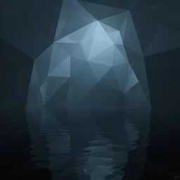 empty alone dark polygonal liminal space encroaching endlessly with calm pools of reflective blackwater, eerie voluminous volumetric light diffusions in muted deep soft blue 8k photoengine