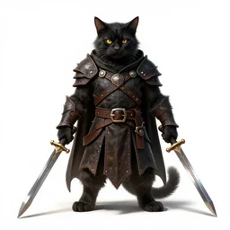 khajit tabaxi catfolk humanoid with maine coon features black fur with a scar on the left eye and holding two shortswords cloaked in shadow and wearing hooded leather armor toned muscle, dungeons and dragons, pure white background, fantasy, tarot card style, high detail, hyper realistic