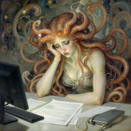 medusa, sitting at desk, doing taxes, frustrated, frazzled, science fantasy painting, elegant intricate digital painting artstation, greg rutkowski and alphonse mucha, detailed