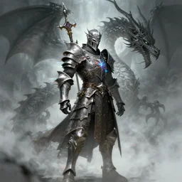 dark souls paladin with a dragon in the background concept art artwork by masanori warugai, glitch art, medieval, magic, intricate detailed 4 k, soft light, volumetric fog, soft glow, eerie, dark