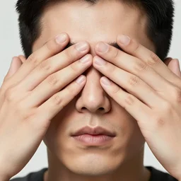 man holding his hands over his eyes, photorealistic, lifelike, OLED, DSLR HDR 8k, face is the focus, facial feature symmetry, hyper composed, deviantart,