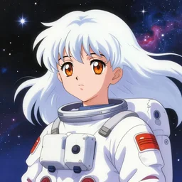 portrait of a young astronaut girl, flowing white hair, kyoto animation, yoshitoshi abe, loish, murata range, synthwave, cosmic, kawaii,orange, big anime eyes,studio lighting, manga, anime, 1980s, vibrant, beautiful,  dreamy, gradation, jean giraud, haruhiko mikimoto, ((space nebula background))