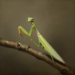 Award-winning painting of the mantis Idolomantis diabolica hanging from a branch, by Jan van Kessel