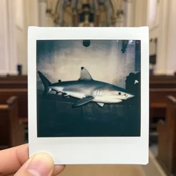 real image of shark lying in church, polaroid color photograph