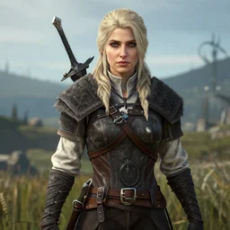 a beautiful blonde woman from of the witcher 3 game, Toussaint landscape background, rendered in octane