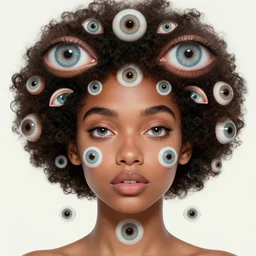 eyes!! an afro latina with many eyes!, surreal art by colin christian, trypophobia! eyes, symmetry, eyes everywhere, symmetry!