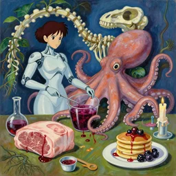 female android, surgical equipment, giant octopus, dinosaur bones, raw pork, berry juice drips, pancakes, berries, scientific glassware, plant roots, art supplies, candles dripping wax, neo - impressionist surrealism, acrylic and spray paint and oilstick on canvas, by studio ghibli