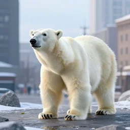 a polar bear in the city