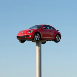 red beetle car on top of a tall pole, digital art, photorealistic