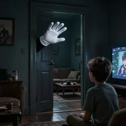 a disembodied 5 - fingered white gloved hand sticking out from behind a dark doorway, waving at a terrified boy watching tv in a living room, cinematic lighting, dark living room, doorway with the gloved hand in the distance, haunted, scary
