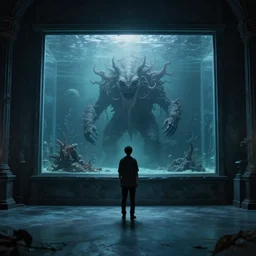 a person in a cold large empty room standing in front of a window in a aquarium, inside the water is an eldritch monster. concept art by jason a. engle, trending on artstation, context art, lovecraftian, cosmic horror, concept art. highly detailed masterpiece. unreal engine. 8 k. uhd. render.