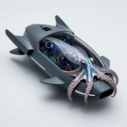 photo of an iridescent octopus skin futuristic hypersonic survival pod vehicle with aerodynamic fins, box - shaped dark glass and plastic, venturi tunnels, neon lights