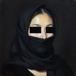 hyperrealism oil painting, portrait fashion model, face is wrapped in a black scarf, black rectangle at eyes, dark background, in style of classicism mixed with 8 0 s japanese sci - fi books art