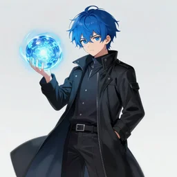 anime boy with messy blue hair wearing black long jacket holding an energy ball, WLOP, concept art, digital painting, trending on artstation, highly detailed, epic composition, 8k UHD