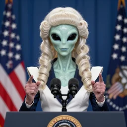 alien wearing a wig and a dress and Joe Biden at a press conference, photograph, highly detailed, 4K