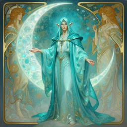 pearlescent turquoise moon sorcerer, character design, painting by gaston bussiere, craig mullins, greg rutkowski, alphonse mucha, trending on artstation