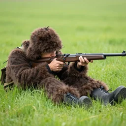 a man in a full body ghillie suit laying prone in a grassy field aiming a rifle