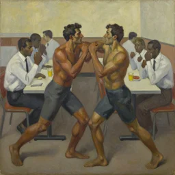 oil on masonite painting by aaron douglas of men fighting in a cafeteria