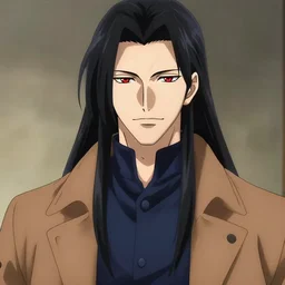 portrait by studio gainax, handsome male vampire, focus on face, long black hair, dark blue shirt, light brown coat, red - eyes,