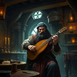 an ultradetailed illustration of a halfing bard, playing a lute in a tavern, fantasy, d & d, intricate detail, cinematic, 8 k, cel shaded, volumetric lighting, octane render, art by greg rutkowski and albert bierstadt