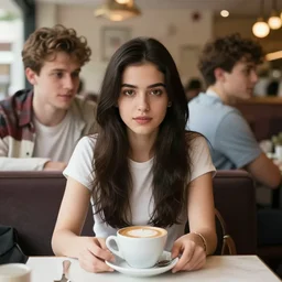 young woman with dark long hair sitting at restaurant table, cappuccino on the table, jeremy lipking, joseph todorovitch