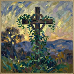 vintage beautiful painting of a jewish cross being overgrown in Mary Cassatt style