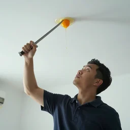 a programmer trying desperately to scrape an egg yolk off the ceiling with a sword