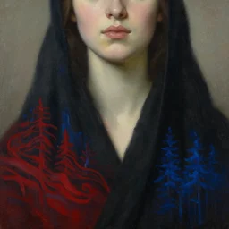 hyperrealism oil painting, close - up fashion portrait of woman face in black robe, soft light, soft colors, red waves pattern mixed with blue forest in front, in style of classicism