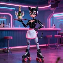 an attractive robot waitress catwoman on rollerblades with a tray with a champagne bottle and two champagne glasses, scene is a futuristic bar, nikon photography, 3 5 mm, at night with pink and blue neon light, hyperdetailed, funny, caricature