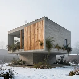 a brutalist architecture concrete house with overgrown plants. the house stands in a snowy landscape. wooden planks facade. photo of the entire house. designed by alejandro aravena. 1 6 mm lens, morning fog, cinematic, award winning