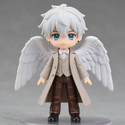 nendoroid aziraphale from good omens, good omens tv series, white curly short hair, beige suit, long coat, brown tartan pants, white wings, bow tie, michael sheen