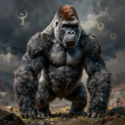 powerful gorilla male monumental standing, epic atmosphere, cinematic, medium shot, painted by Piotr Jablonsky