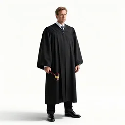 rugged judge in robes with gavel, cinematic studio photo, full body, standing, isolated on a pure white background, centered, whole figure in frame, sharp focus, studio lighting