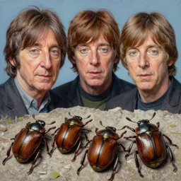 a highly detailed matte painting of the faces of john lennon, paul mccartney, george harrison and ringo starr on four insect brown beetles, on abby road, as a photograph, in the style of greg rutkowski and remedios varo, ultra realistic, detailed, intricate, full of color, 4 k, hyperrealistic, focused, extreme details, masterpiece
