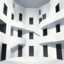 “the inside of a huge white building with with many doors and stairs, confusing, clean geometric shapes, sharp lines, creepy, doors, strange dimensions, anime style, detailed background, horror anime”