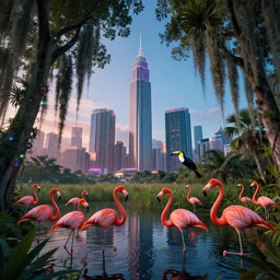 kowloon city, everglades, trees hanging spanish moss, cyberpunk 2 0 7 7. flamingos, toucans, surreal, sci - fi, fantasy, luminescent wide angle highly detailed by andreas franke and santiago calatrava rhads, captivating 8 k hdr, octane render godrays artstation