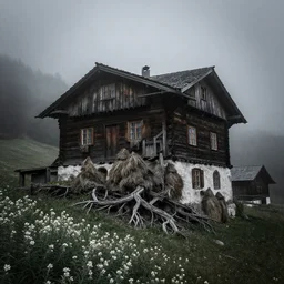1 9 2 0 s photography of an isolated old village with ghostly wood buildings overgrown by roots and edelweiss in the dolomites, accurate architecture, inhabitated by hay ghosts, fog, desaturated, dark, eerie