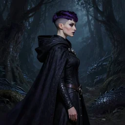 side portrait beautiful german woman as dark witch, adventurer outfit large cloak, fantasy forest landscape, dragon scales, fantasy magic, undercut hairstyle, short purple black fade hair, dark light night, intricate, elegant, sharp focus, illustration, highly detailed, digital painting, concept art, matte, art by wlop and artgerm and ivan shishkin and andrey shishkin, masterpiece