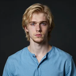 digital portrait of a skinny white male, slightly longer blond hair and a light stubble beard, wearing a light blue shirt, blue eyes, rugged, teenage, fantasy, wizard, trending artstation, dungeons & dragons, neutral expression, dark lighting, high detail