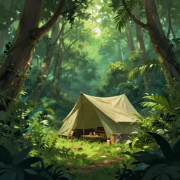 a hidden camp in the jungle concept art by yongfei liu