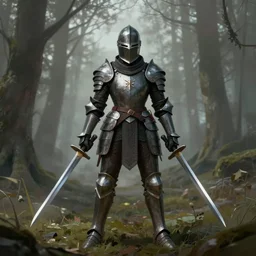 a matte painting, a helmeted female warrior, wearing battle worn (power) armor, wielding twin swords, misty forest, the forest plains of north yorkshire, good value control, concept art, digital painting, sharp focus, knight!!!, symmetrical, single character full body, 4k, illustration, glowing eyes, rule of thirds, centered, moody colors, moody lighting