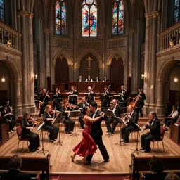 a tango orchestra performance in a church, epic, cinematic composition, ultra detailed, 4 k, ultrawide, ( distant shot ), dramatic lighting