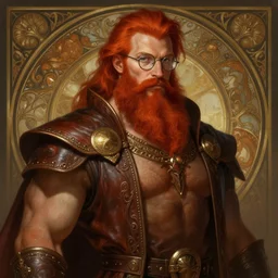 portrait of a ginger bearded man with glasses, d & d, muscular! leather robes, fantasy, intricate, elegant, highly detailed, digital painting, artstation, concept art, sharp focus, illustration, art by artgerm and greg rutkowski and alphonse mucha