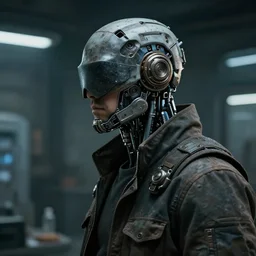 a masked rugged laboratory engineer man with cybernetic enhancements as seen from a distance, scifi character portrait by greg rutkowski, craig mullins, 1 / 2 headshot, cinematic lighting, dystopian scifi gear, gloomy, profile picture, mechanical, cyborg, half robot, implants, dieselpunk