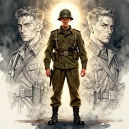 handmade character portrait ofa wolrd war ii soldier in the style of enki bilal and bastien lecouffe - deharme and artgerm, wlop, full body anatomically correct, line art, watercolor, cinematic lighting, hyperdetailed, 8 k realistic, symmetrical, global illumination, radiant light, halo, atmospheric, frostbite 3 engine, cryengine, dof, trending on artstation, digital art, chanel