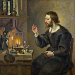 the alchemist's laboratory by greg rutkowski and claude monet, oil on canvas