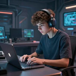 realistic teenager using laptop in super tech room, artstation trends, concept art, highly detailed, intricate, sharp focus, digital art, 8 k