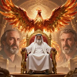 arabian hasan - i sabbah old man on throne chair rising as a phenix + face of jack nicholson + epic wide scene, cinematic lighting, artgerm, artstation, deviantart, 8 k, high detailed